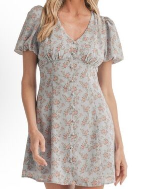 Lush Pale Blue Floral Puff-Sleeve Mini Dress